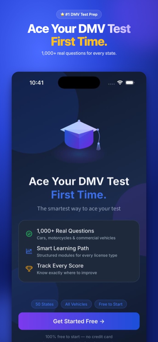 DMV Ace app home screen with a state-selected DMV practice test ready to start